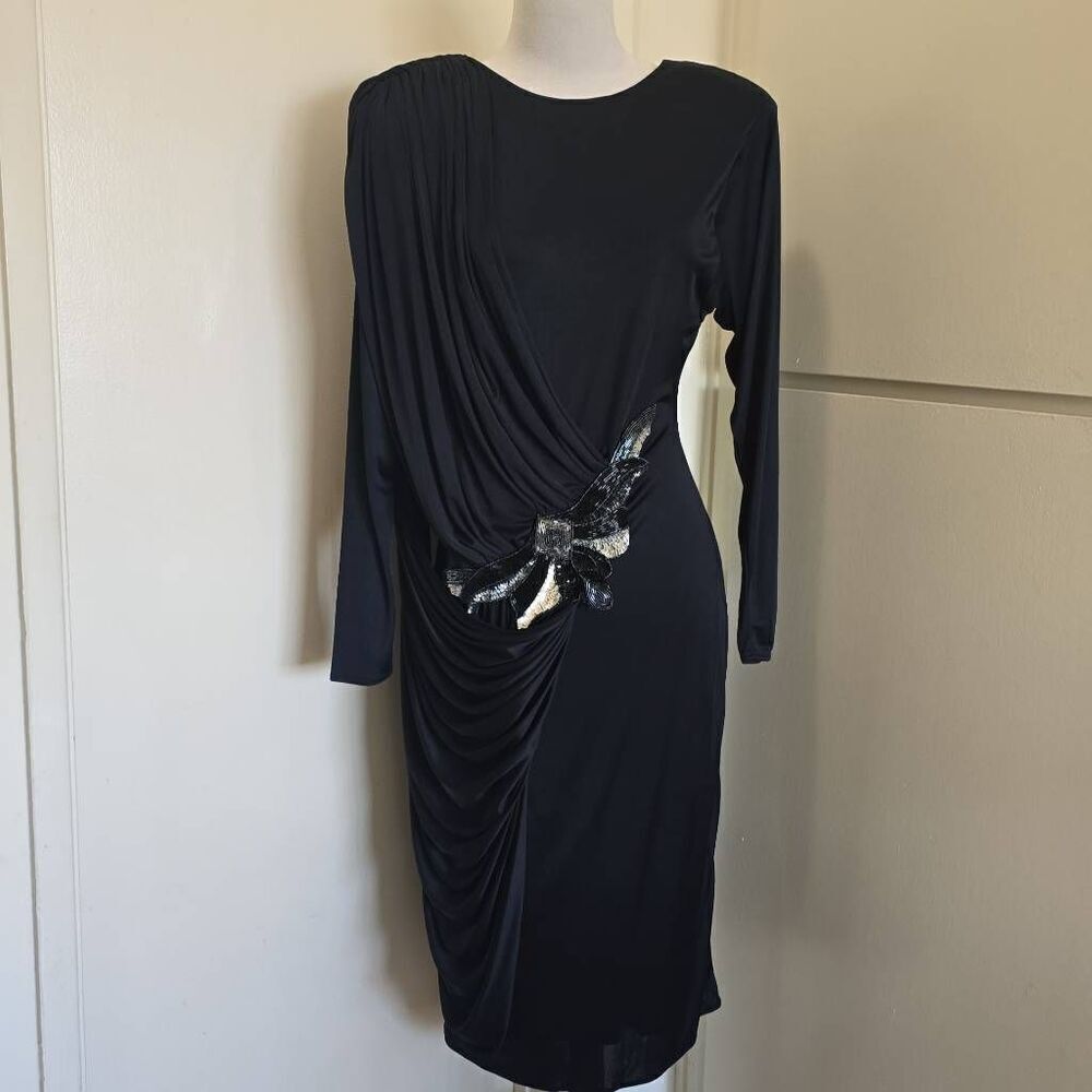 Joy Stevens Vtg. Blk Poly Qiana Knit Dress, Pads, frt/back draping, beading,  12